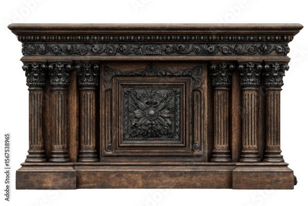 Fototapeta Elaborately carved wooden console with intricate design and column details.