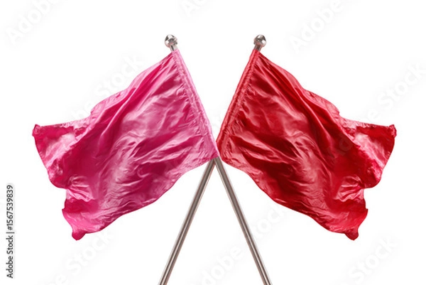 Fototapeta Two red flags crossed at their poles, showcasing vibrant colors and flowing fabric texture.