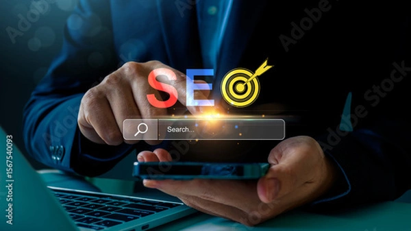 Obraz SEO Search Engine Analysis, Artificial Intelligence SEO Search Engine, businesswoman use SEO tools, dominate search engine rankings with strategic optimization techniques, digital marketing,