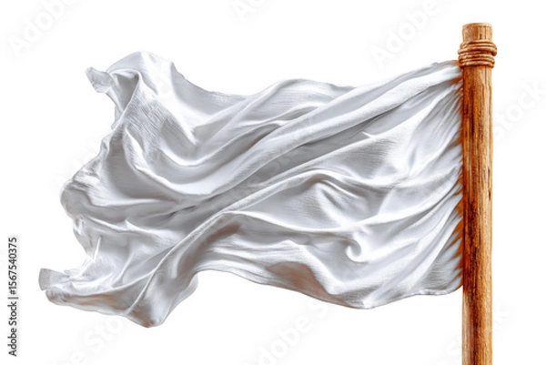Fototapeta A waving white flag on a wooden pole, symbolizing surrender or peace.