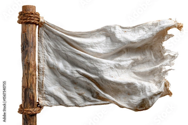 Fototapeta A weathered white flag fluttering on a wooden pole, symbolizing surrender or truce.