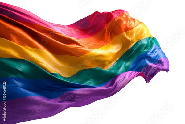 Fototapeta A vibrant rainbow flag billows gracefully, symbolizing pride and inclusivity.