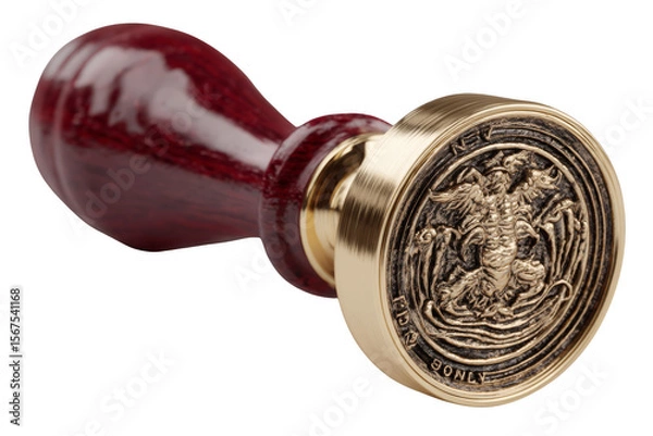 Fototapeta A detailed wax seal stamp with a wooden handle and intricate engraved design on its metal head.