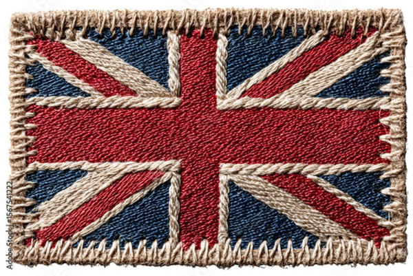 Fototapeta Woven Union Jack flag with frayed edges, showcasing the iconic British design.