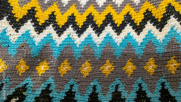 Obraz Crochet pattern of multicolored threads Yellow with gray, black and other colors