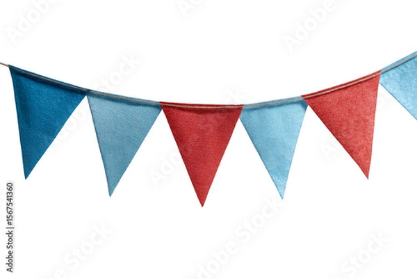 Fototapeta Colorful triangular flags strung together in a festive arrangement, featuring shades of red and blue.
