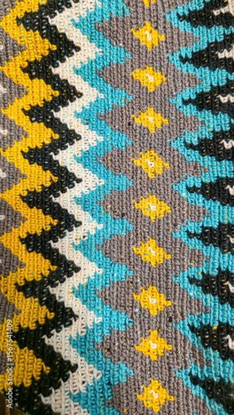 Obraz Crochet pattern of multicolored threads Yellow with gray, black and other colors
