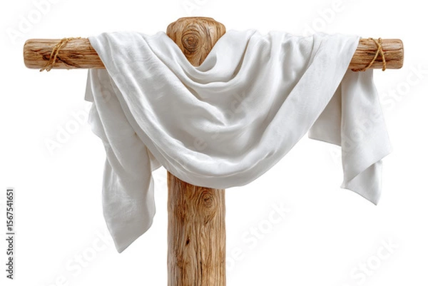 Fototapeta A draped fabric hangs elegantly over a rustic wooden pole, showcasing smooth texture and a soft appearance.