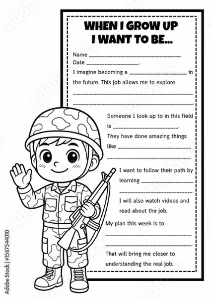 Fototapeta When I Grow Up-I Want to Be : Dream Job Writing & Coloring Worksheet for Grades 2–5, Fill in the Blanks, Creative Writing, Career Exploration, Back to School