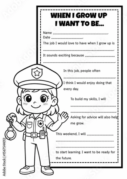 Fototapeta When I Grow Up-I Want to Be : Dream Job Writing & Coloring Worksheet for Grades 2–5, Fill in the Blanks, Creative Writing, Career Exploration, Back to School