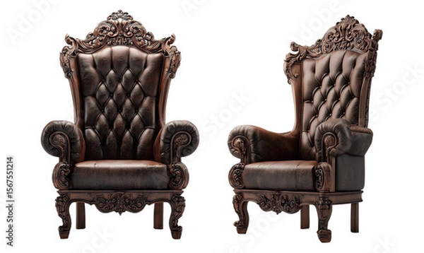 Fototapeta Intricately carved wooden throne chair with brown leather seat isolated on transparent background. Furniture concept