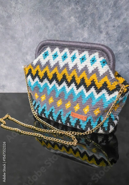 Obraz Bag crocheted from multi-colored threads Yellow with gray black and other colors