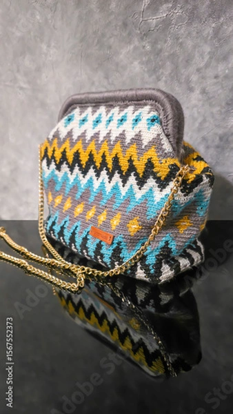 Obraz Bag crocheted from multi-colored threads Yellow with gray black and other colors