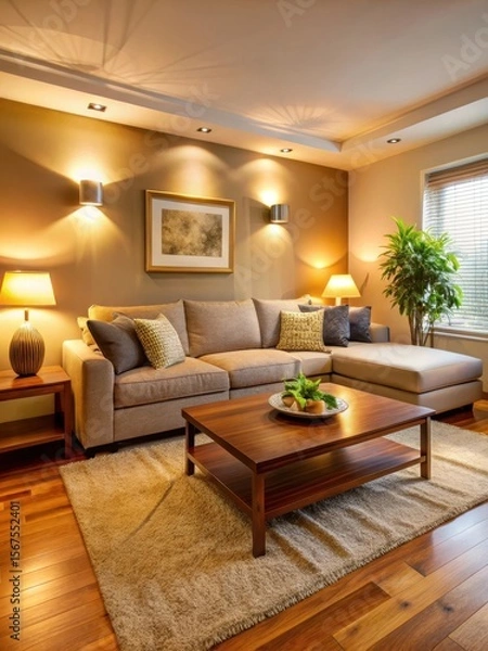 Fototapeta Warm and inviting living room with a comfortable sofa and soft lighting