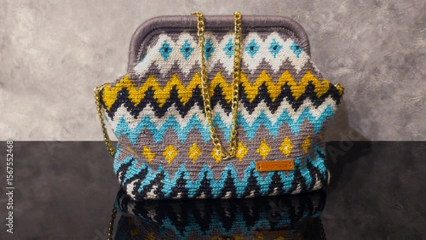 Obraz Bag crocheted from multi-colored threads Yellow with gray black and other colors