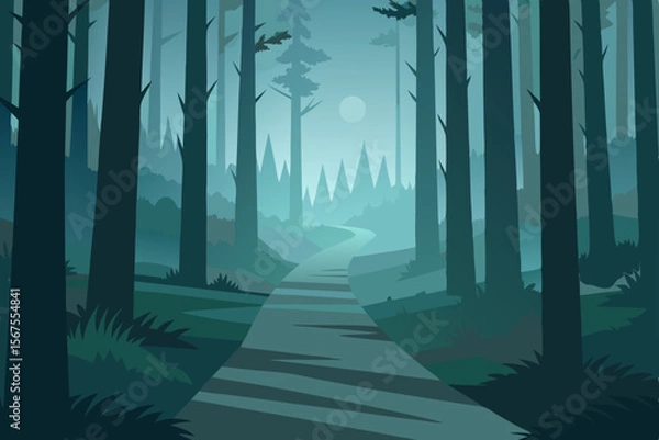 Fototapeta Quiet Foggy Forest Path Lined with Tall Pine Trees
