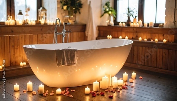 Fototapeta キャンドルとバスタブがある高級バスルーム、スパの雰囲気