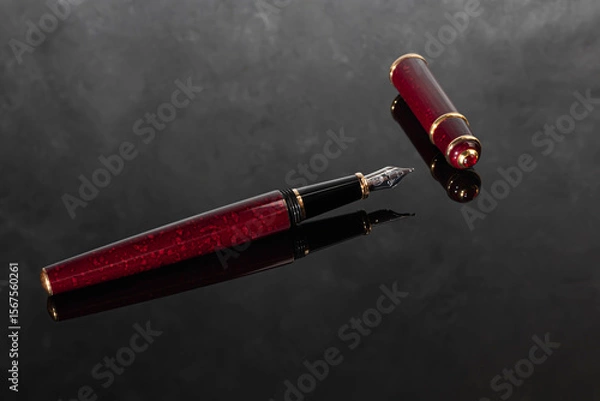 Obraz Fountain pen with box on dark gray background. Stationery branded items