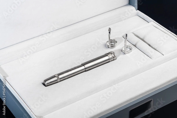 Obraz Fountain pen with box on dark gray background. Stationery branded items