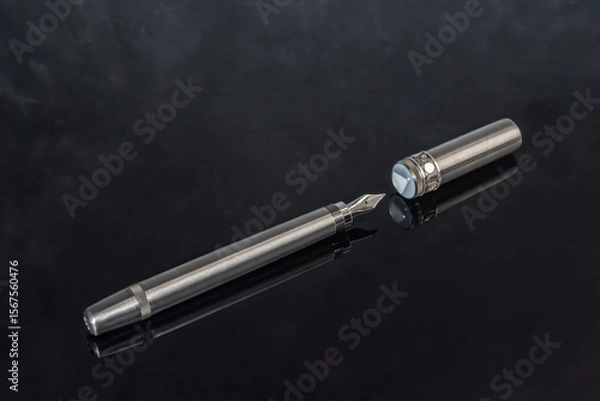 Obraz Fountain pen with box on dark gray background. Stationery branded items