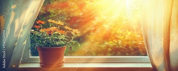 Fototapeta Summer vibes concept Sunlight filters through a window, illuminating a potted plant and sheer curtains, creating a warm, serene atmosphere.