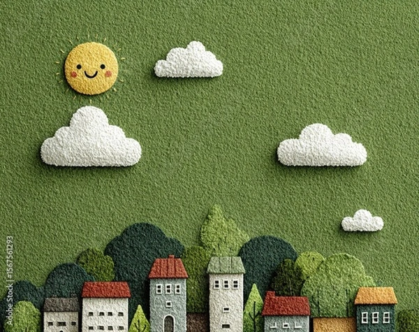 Obraz 绿色背景上，用简单的白线勾勒出太阳和云彩的轮廓，风格类似童书插画。设计简洁可爱，绿色渐变背景、云彩、树木和建筑交相辉映。屏幕左侧留白。图像分辨率高，细节丰富，画质出色。