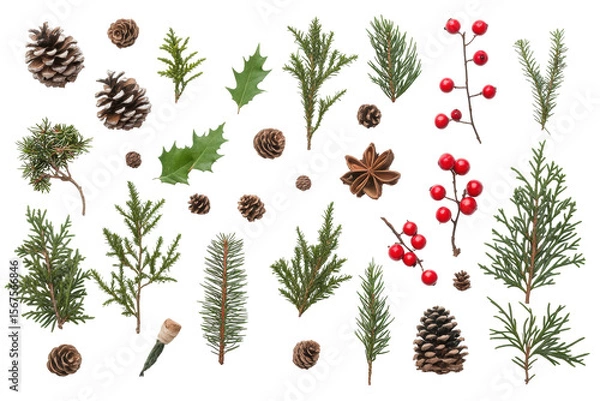 Fototapeta Holiday Botanical Elements: A vibrant assortment of seasonal botanical elements, capturing the essence of the holiday spirit with pine cones, holly leaves, evergreen sprigs, and red berries.