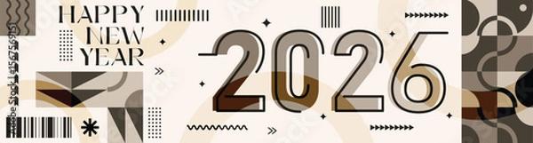 Fototapeta Happy New Year 2026 text design Modern Calligraphy Greetings on a Stylish background with geometric patterns, abstract pattern with lines, new year celebration design, colorful vector illustration