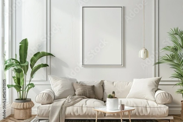 Obraz Detailed Color Image of Living Room with Blank Wall Frame Mockup