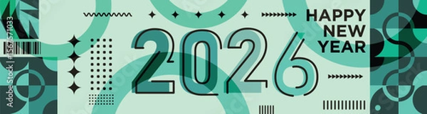 Fototapeta Happy New Year 2026 text design Modern Calligraphy Greetings on a Stylish background with geometric patterns, abstract pattern with lines, new year celebration design, colorful vector illustration