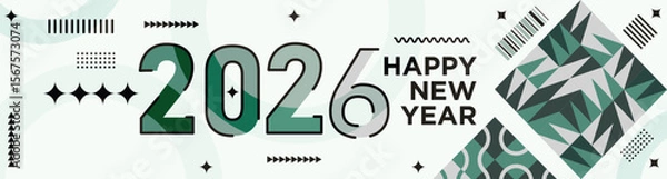 Fototapeta Happy New Year 2026 text design Modern Calligraphy Greetings on a Stylish background with geometric patterns, abstract pattern with lines, new year celebration design, colorful vector illustration