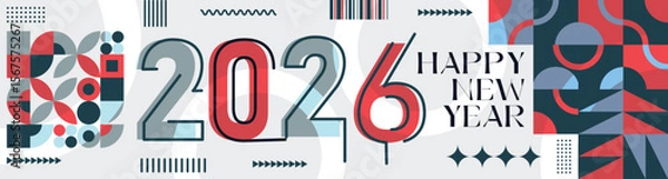 Fototapeta Happy New Year 2026 text design Modern Calligraphy Greetings on a Stylish background with geometric patterns, abstract pattern with lines, new year celebration design, colorful vector illustration