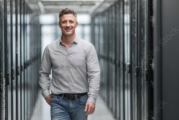 Fototapeta A handsome man in his thirties, wearing jeans and a shirt, walks through the data center where many supercomputer podiums stand side by side. He is confident about which one he wil
