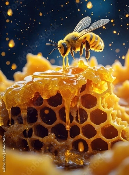 Fototapeta Honeybee drinks honey from honeycomb at night. Stock photo