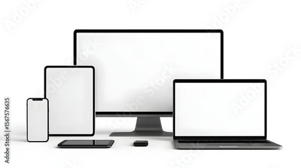 Obraz Isolated Smart Device Mockups | Smartphone, Tablet, Laptop & Desktop Vector Illustration on White Background