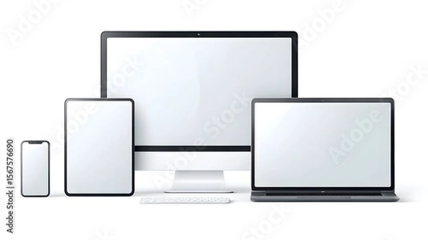 Obraz Isolated Smart Device Mockups | Smartphone, Tablet, Laptop & Desktop Vector Illustration on White Background
