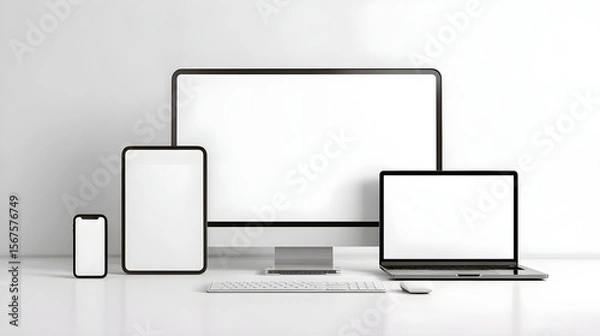 Obraz Isolated Smart Device Mockups | Smartphone, Tablet, Laptop & Desktop Vector Illustration on White Background