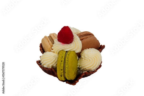 Obraz Tartlet with macaroons, whipped cream and raspberry isolated on white background