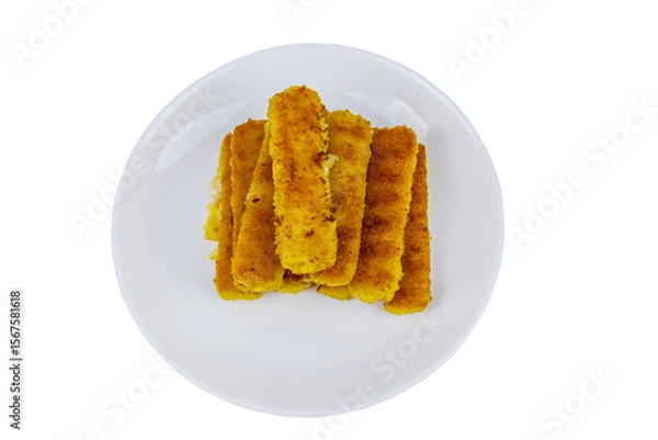 Obraz Fried fish fingers on a plate isolated on white background