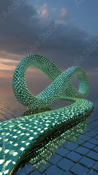 Obraz Abstract architectural sculpture shaped like an infinity loop made of reflective green tiles, set on a mirrored surface at dusk.