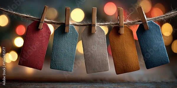 Obraz Close-up of hanging fabric tags in various earth tones on coarse twine, set against festive background of blurred golden lights.
