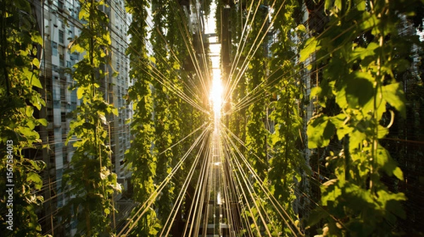 Obraz Vertical plants growing on high-rise structure in city, with dramatic sunrise light rays creating a tunnel of greenery and hope.