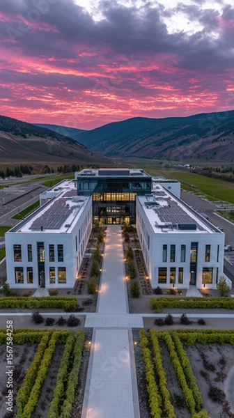Obraz Contemporary office complex featuring solar panel rooftops, mountain views, and vibrant sunset sky reflecting innovation and environmental design.
