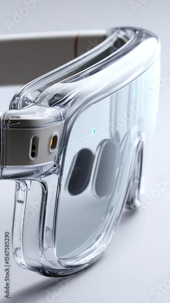 Obraz Detailed macro shot of high-tech clear smart glasses with lenses and embedded sensors, representing innovation and wearable technology.