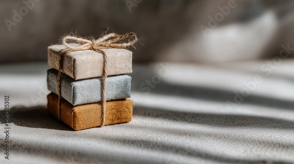 Obraz Three small textured gift boxes tied with twine stacked together in warm sunlight on fabric surface, evoking natural simplicity.