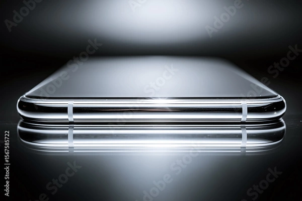 Obraz A sleek silver smartphone viewed from side with mirrored reflection and studio lighting, emphasizing modern design and precision tech.