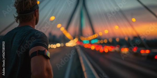 Obraz Athlete stands on city bridge at dusk wearing fitness tracker, facing glowing bokeh lights in energetic and motivational scene.