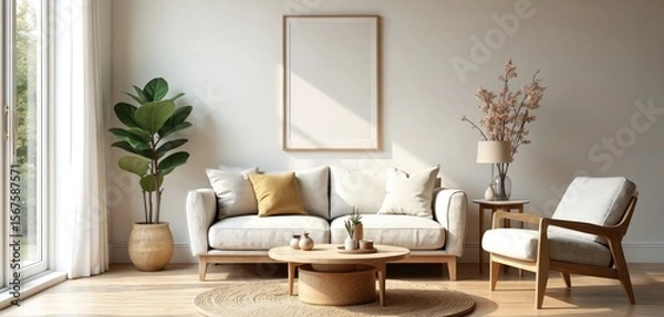 Fototapeta Modern living room with neutral tones. Features boucle sofa, white armchair, wooden coffee table, round rug. Includes large potted plant, framed artwork on wall, delicate floral arrangement with lamp.
