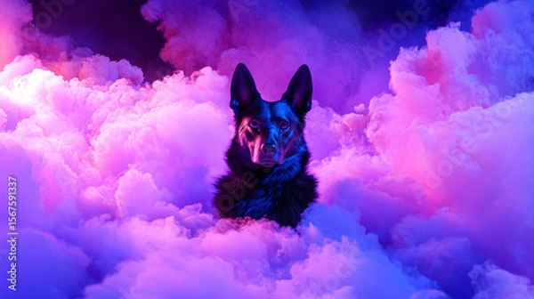 Fototapeta Futuristic Neon-lit German Shepherd Dog Silhouette in Colorful Cloud Mist, Surreal Fantasy Scene with Dramatic Lighting and Mystical Atmosphere