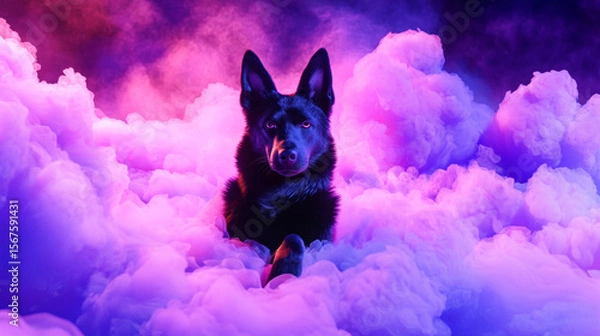 Fototapeta Futuristic Neon-lit German Shepherd Dog Silhouette in Colorful Cloud Mist, Surreal Fantasy Scene with Dramatic Lighting and Mystical Atmosphere